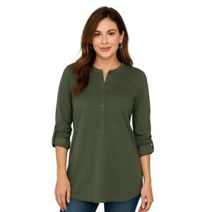 1 x Misha Nonoo Women's OIive Green Henley Tunic Top  Roll Tab Sleeves Size XXL